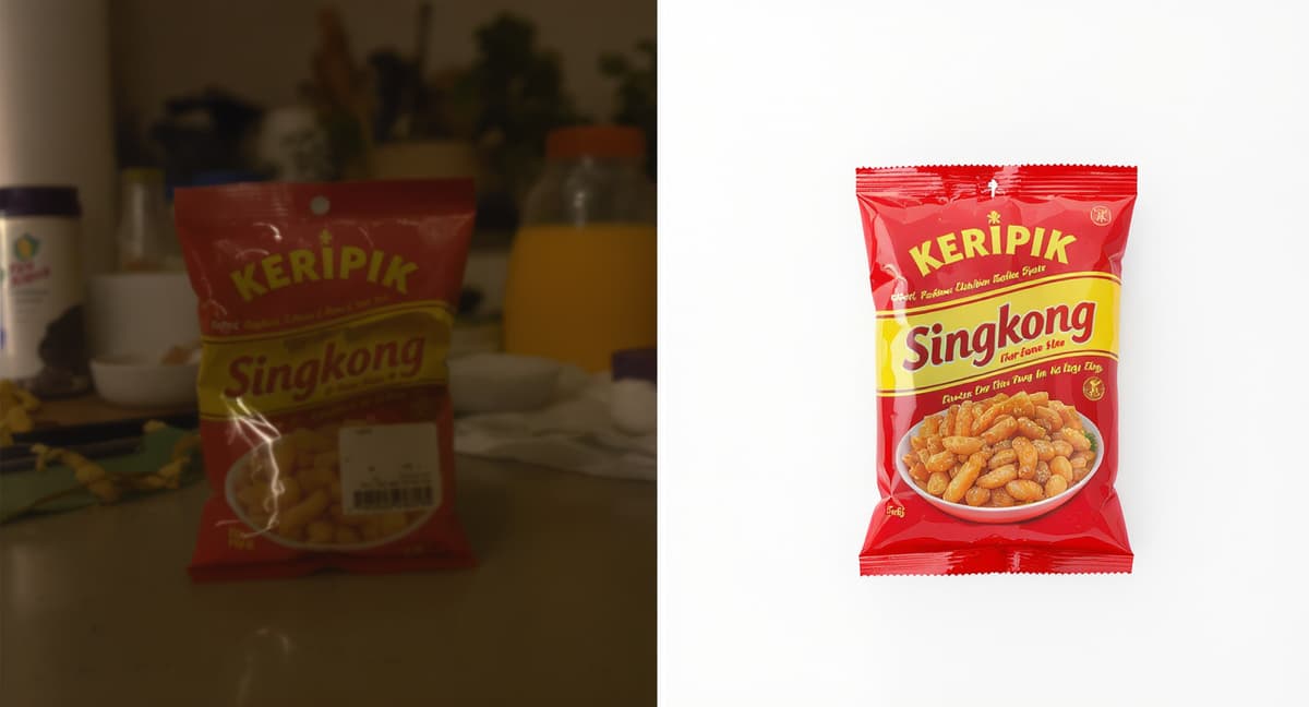 Foto produk sebelum dan sesudah diproses AI
